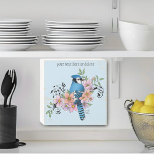 Blue Jay Bird Spring Flowers Nature Illustration Wooden Box Sign