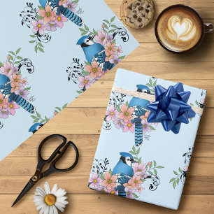 Blue Jay Bird Spring Flowers Nature Illustration Wrapping Paper