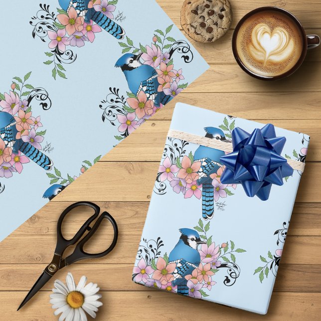 Blue Jay Bird Spring Flowers Nature Illustration Wrapping Paper (Creator Uploaded)