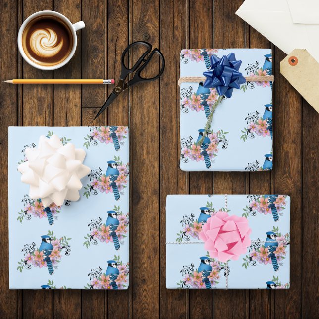 Blue Jay Bird Spring Flowers Nature Illustration Wrapping Paper Sheets (Creator Uploaded)