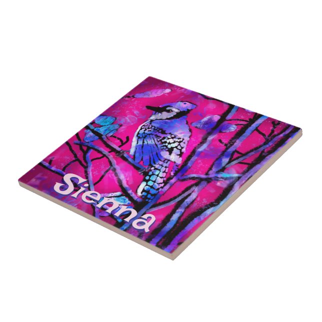 Blue Jay Bird Tree Branch Pink Personalized  Ceramic Tile (Side)