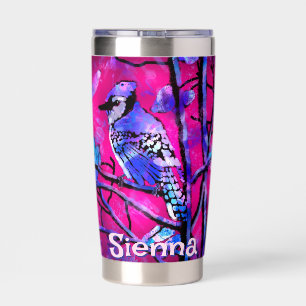 Blue Jay Bird Tree Branch Pink Personalized  Insulated Tumbler