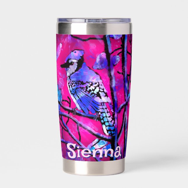 Blue Jay Bird Tree Branch Pink Personalized  Insulated Tumbler (Back)