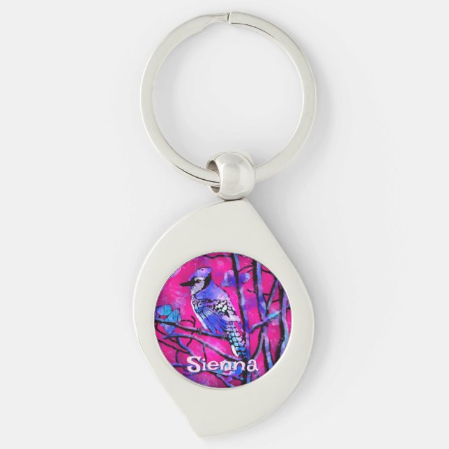 Blue Jay Bird Tree Branch Pink Personalized  Keychain (Front)