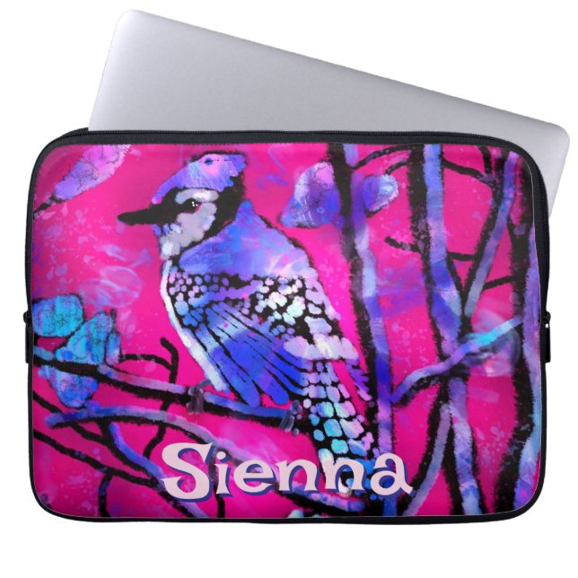 Blue Jay Bird Tree Branch Pink Personalized  Laptop Sleeve (Front)