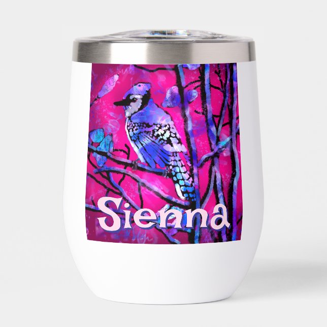 Blue Jay Bird Tree Branch Pink Personalized  Thermal Wine Tumbler (Front)
