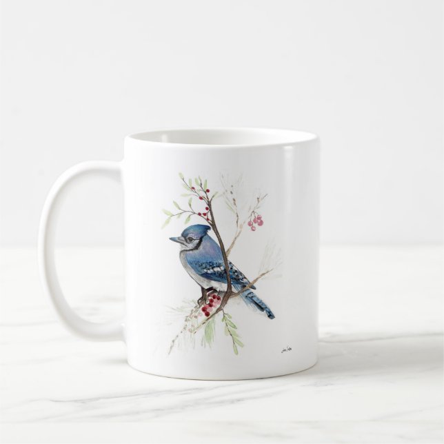 Blue Jay Bird Watercolor Art Coffee Mug (Left)