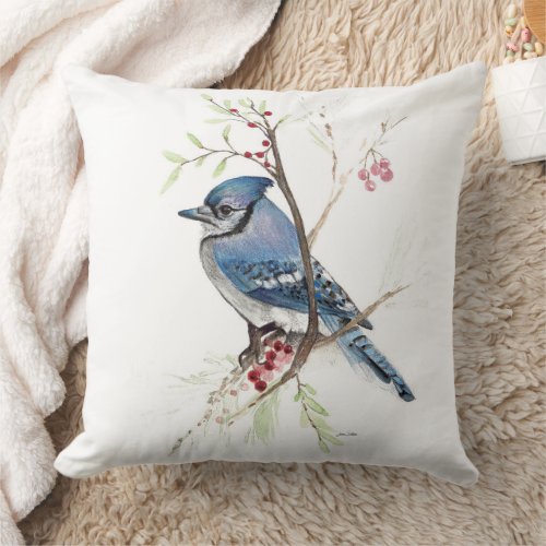 Blue Jay Bird Watercolor Art Throw Pillow