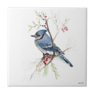 Pink Floral Blue Jay Bird Stained Glass Ceramic Tile