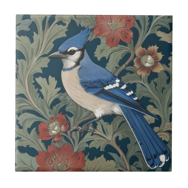 Blue jay Bird William Morris style Left BlueJay Ceramic Tile (Front)