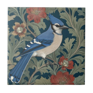 Blue jay Bird William Morris style Right BlueJay Ceramic Tile