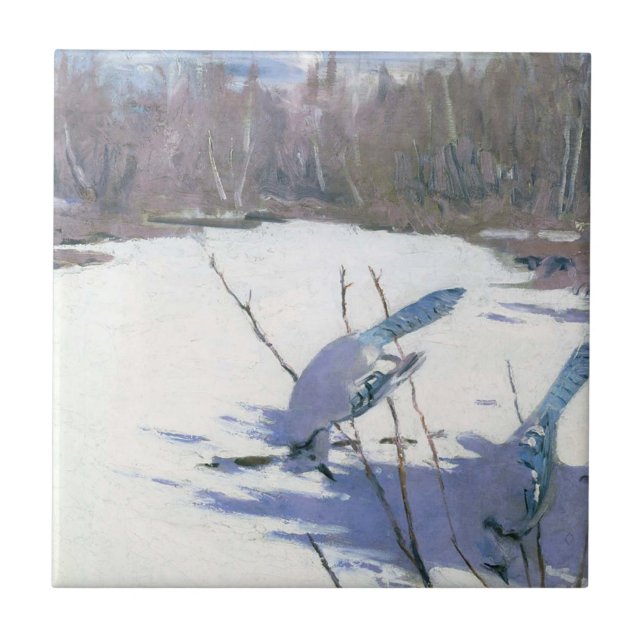 Blue Jay Birds in a Winter Landscape Ceramic Tile (Front)