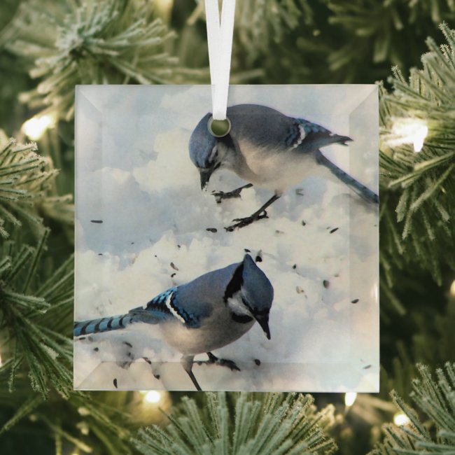 Blue Jay Birds in Snow Beveled Glass Ornament
