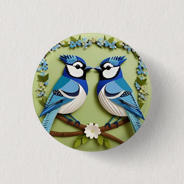 Blue Jay Birds Paper Art Button (Front)