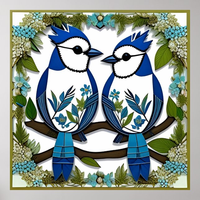 Blue Jay Birds Paper Art Poster (Front)