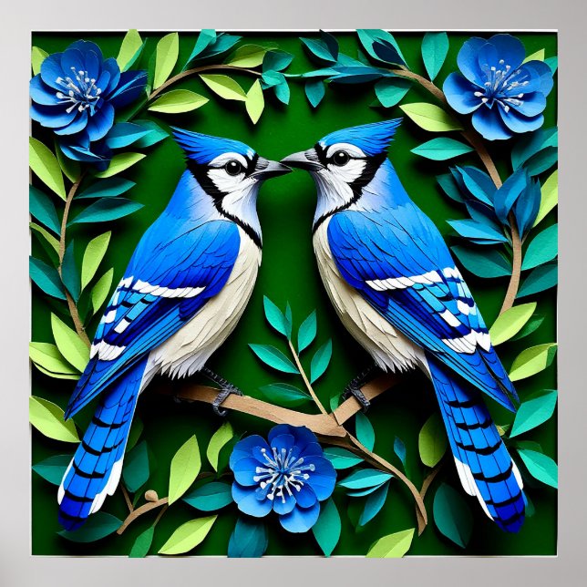 Blue Jay Birds Paper Art Poster (Front)