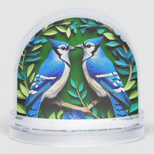 Blue Jay Birds Paper Art Snow Globe