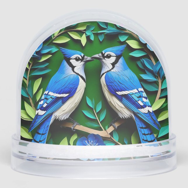 Blue Jay Birds Paper Art Snow Globe (Front)