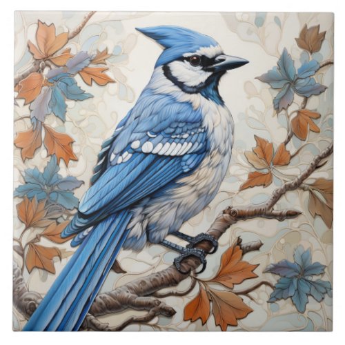Blue Jay Blue and White Plumage Ceramic Tile
