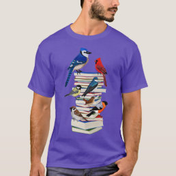 Blue Jay Cardinal Bullfinch with Books Bird Biolog T-Shirt