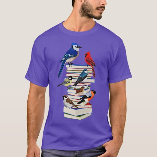 Blue Jay Cardinal Bullfinch with Books Bird Biolog T_Shirt