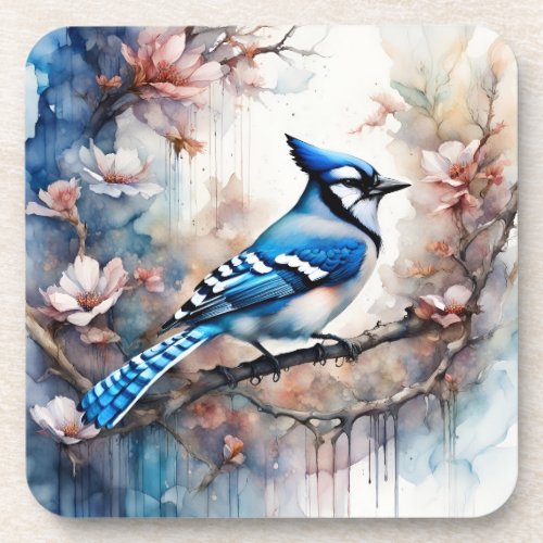 Blue Jay Cherry Blossoms watercolor Beverage Coaster