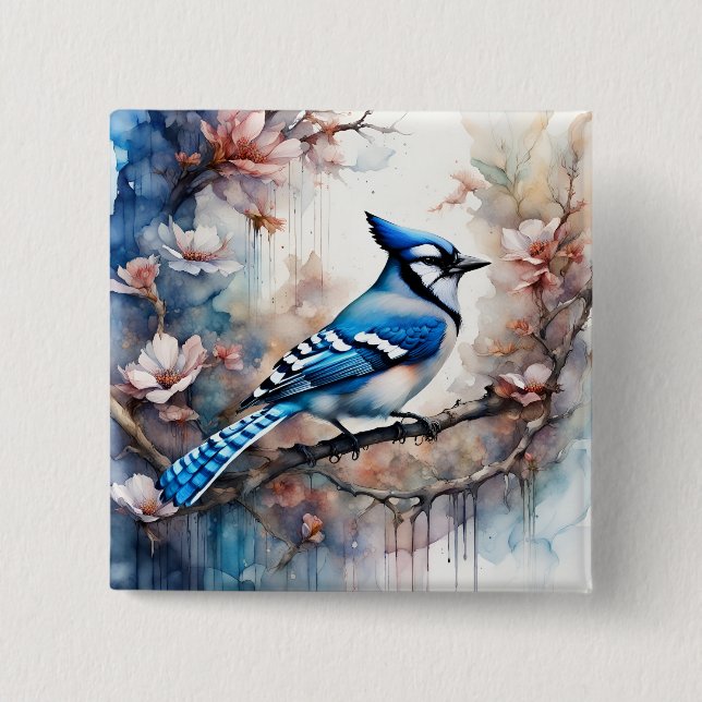 Blue Jay Cherry Blossoms watercolor Button (Front)