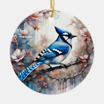 Blue Jay Cherry Blossoms Watercolor Ceramic Ornament by minx267 at Zazzle