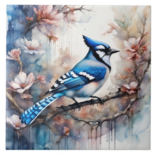 Blue Jay Cherry Blossoms watercolor Ceramic Tile