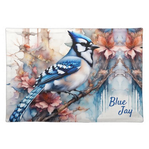 Blue Jay Cherry Blossoms watercolor Cloth Placemat