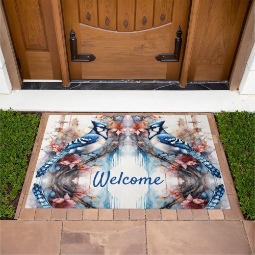 Blue Jay Cherry Blossoms watercolor Doormat