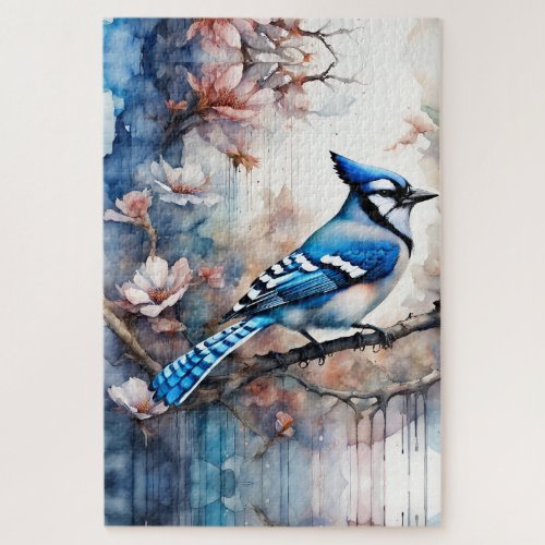 Blue Jay Cherry Blossoms watercolor Jigsaw Puzzle