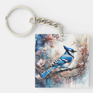 Blue Jay Cherry Blossoms watercolor Keychain