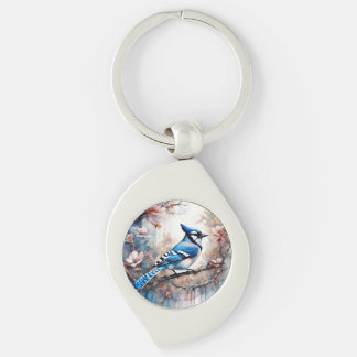 Blue Jay Cherry Blossoms watercolor Keychain