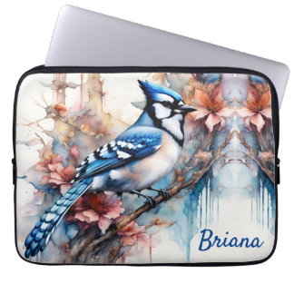 Blue Jay Cherry Blossoms watercolor Laptop Sleeve