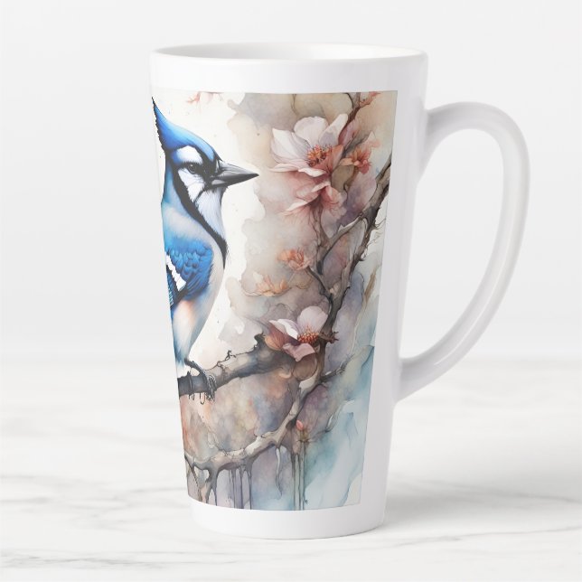 Blue Jay Cherry Blossoms watercolor Latte Mug (Right)