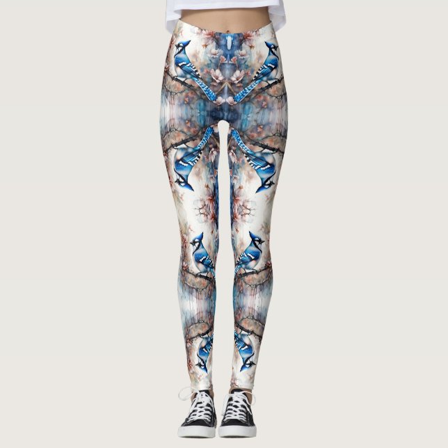 Blue Jay Cherry Blossoms watercolor Leggings (Front)