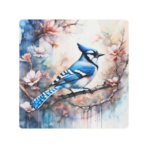 Blue Jay Cherry Blossoms watercolor Metal Print