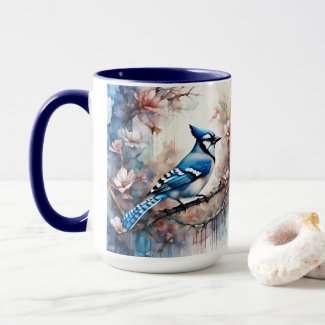 Blue Jay Cherry Blossoms watercolor
