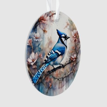 Blue Jay Cherry Blossoms Watercolor Ornament by minx267 at Zazzle