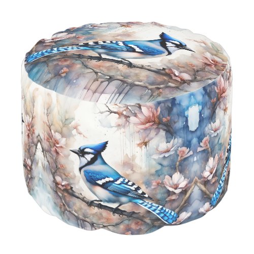 Blue Jay Cherry Blossoms watercolor Pouf