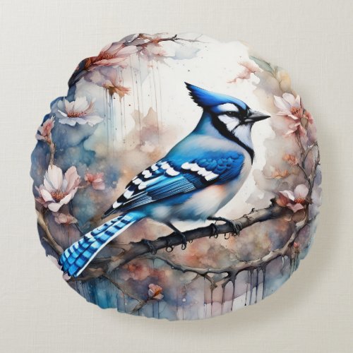 Blue Jay Cherry Blossoms watercolor Round Pillow