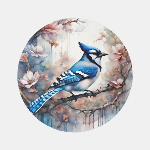 Blue Jay Cherry Blossoms watercolor Rug