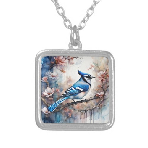 Blue Jay Cherry Blossoms watercolor Silver Plated Necklace