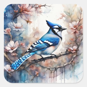 Blue Jay Cherry Blossoms Watercolor Square Sticker by minx267 at Zazzle