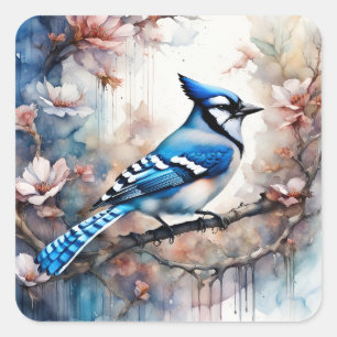 Blue Jay Cherry Blossoms watercolor Square Sticker