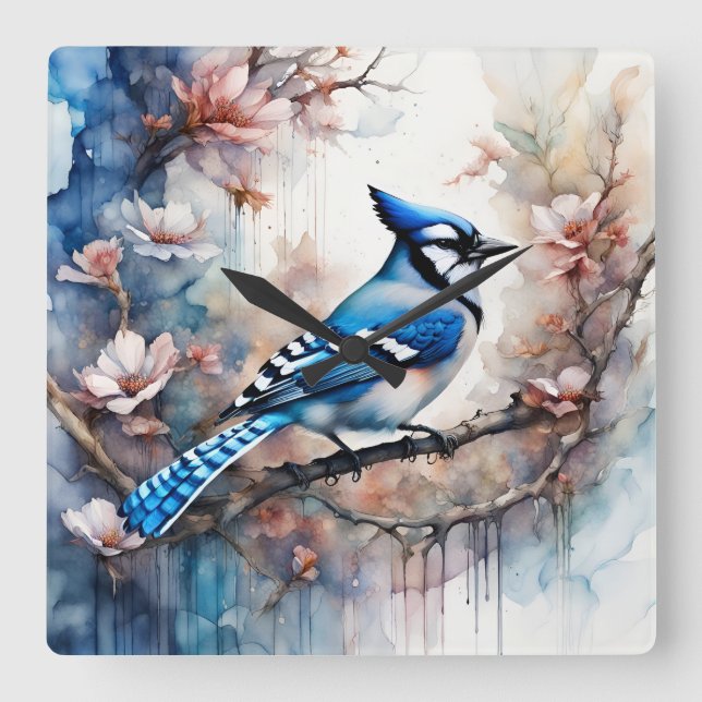 Blue Jay Cherry Blossoms watercolor Square Wall Clock (Front)