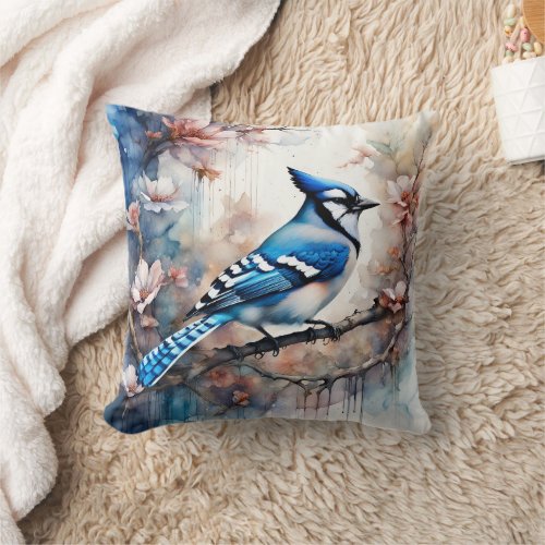 Blue Jay Cherry Blossoms watercolor Throw Pillow