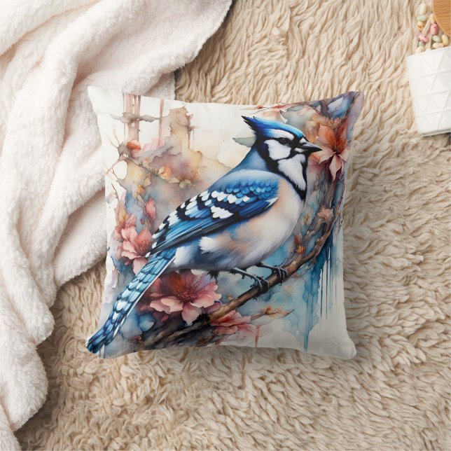 Blue Jay Cherry Blossoms watercolor Throw Pillow (Blanket)