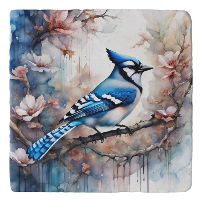 Blue Jay Cherry Blossoms watercolor Trivet (Front)